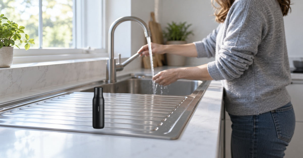 VSITOO s2-filtered-water-bottle in a lifestyle sink scene