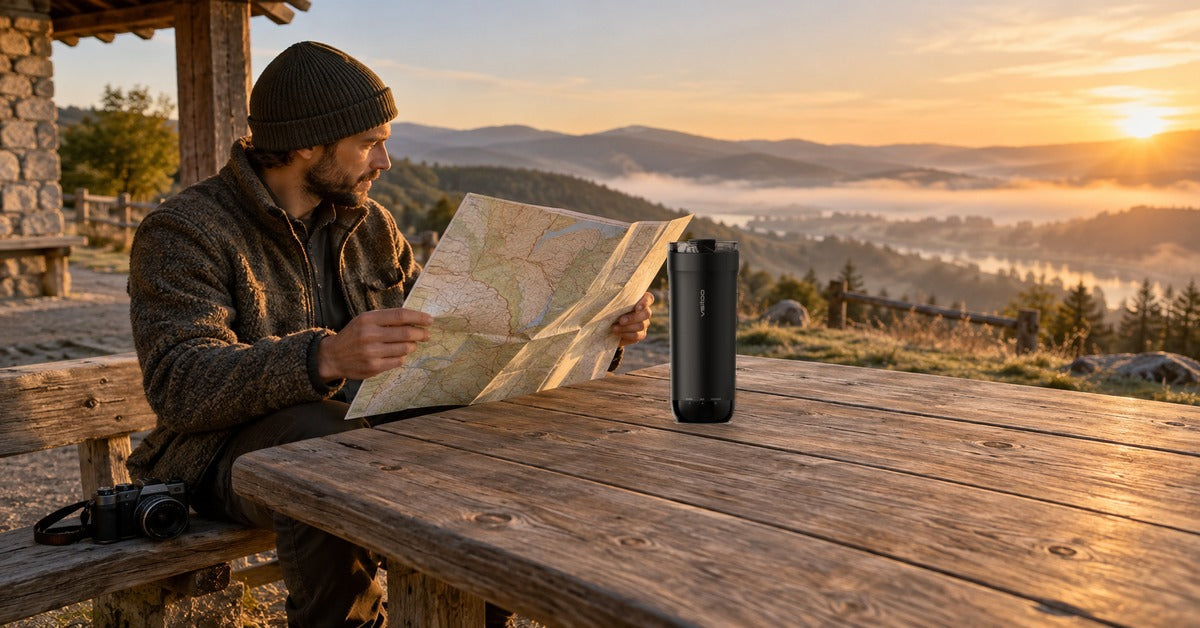 VSITOO s5-smart-travel-mug in a lifestyle roadtrip scene