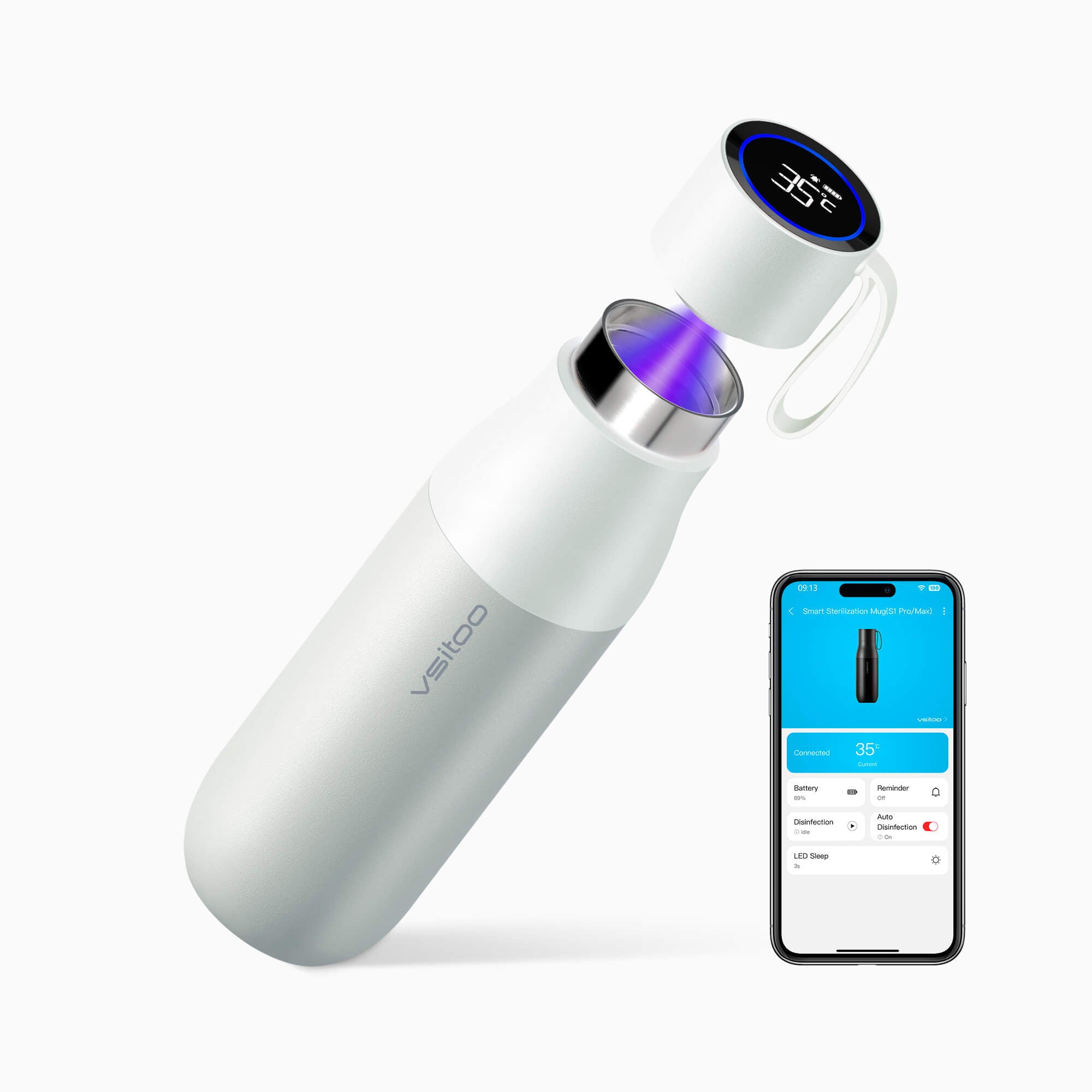 Self cleaning UV water bottle S1 Pro - alternate angle